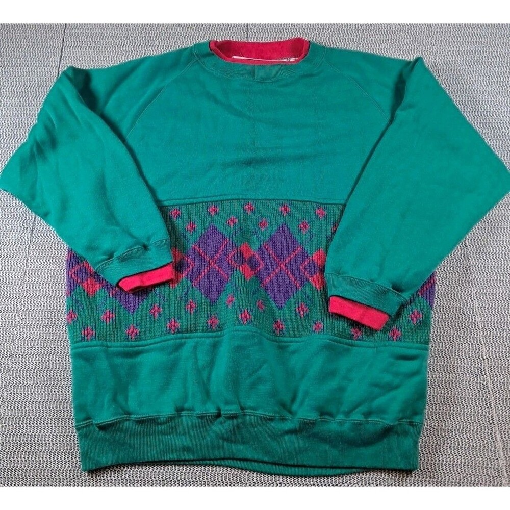 Vtg Rad 80s Eileen Sweatshirt M Teal Purple Argyle Knit Granny Retro Eclectic